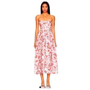 Bardot Lola Corset Red Floral Strapless Fit Flare Wedding Guest Feminine Dress L